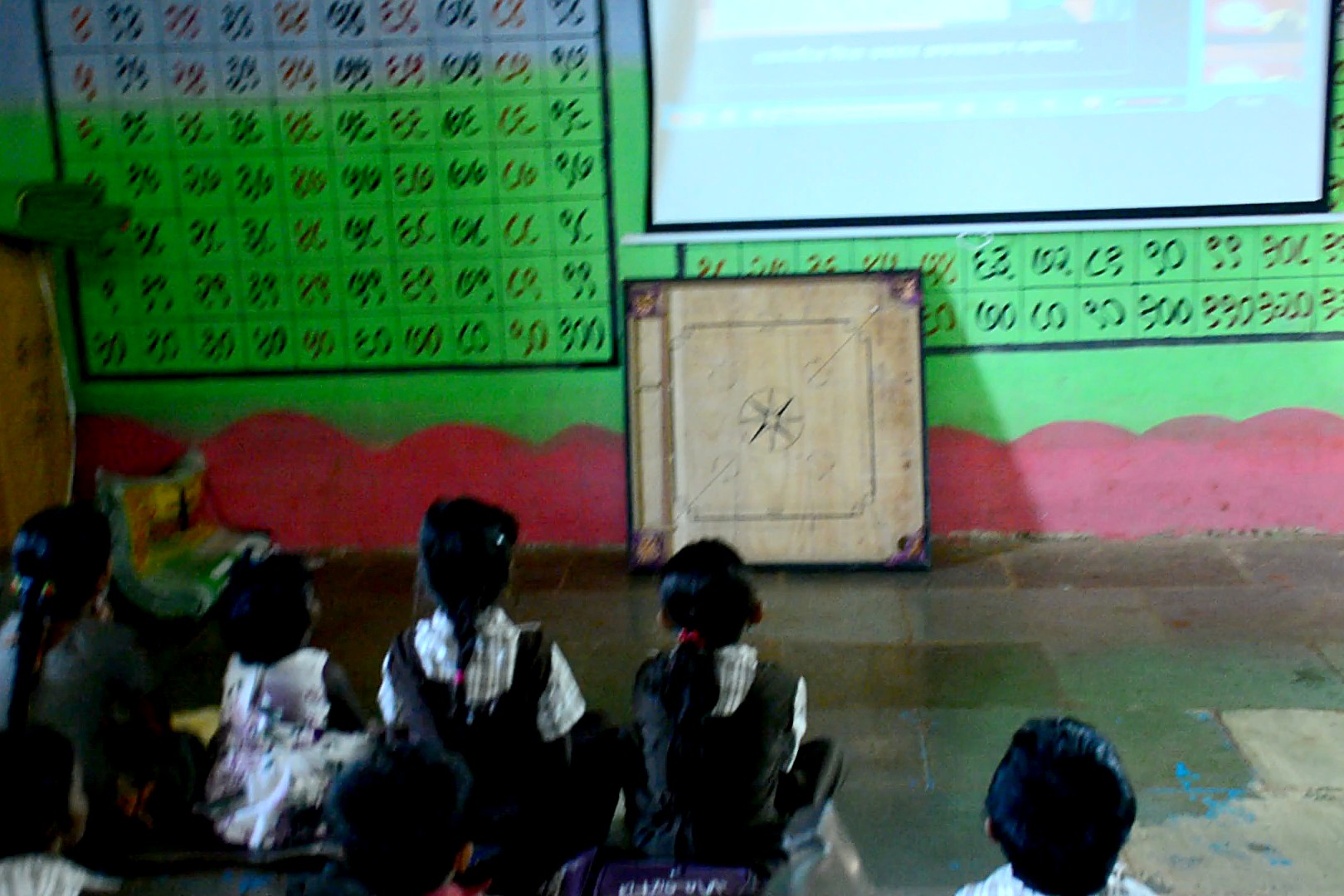 Students at a rural Maharashtra school watching a lesson on a solar-powered projector.